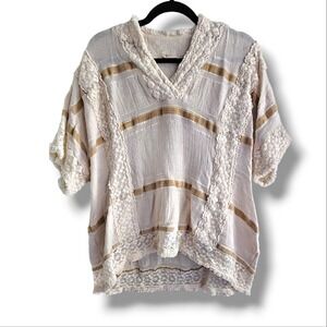 Soft Surroundings Cream Lace Fringe Striped Oversized Blouse Size 2XL